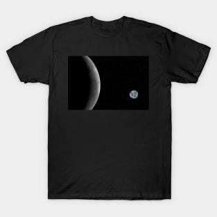 Closeup of the Moon and small planet Earth against starry night sky T-Shirt